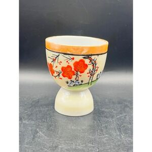 Vtg Hand Painted Ceramic Egg Cup Oriental Floral Design Orange Trim 3.25" x 2.5"